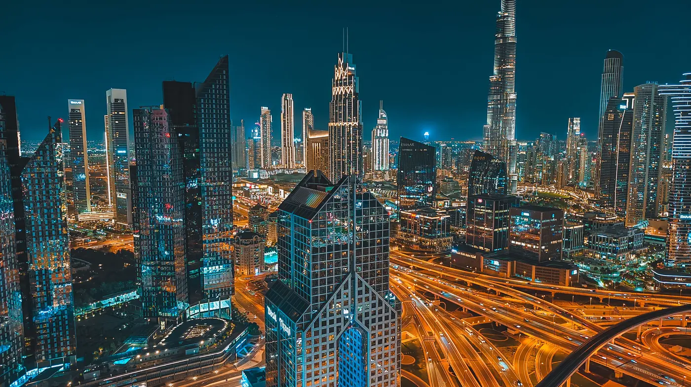 A city skyline at night